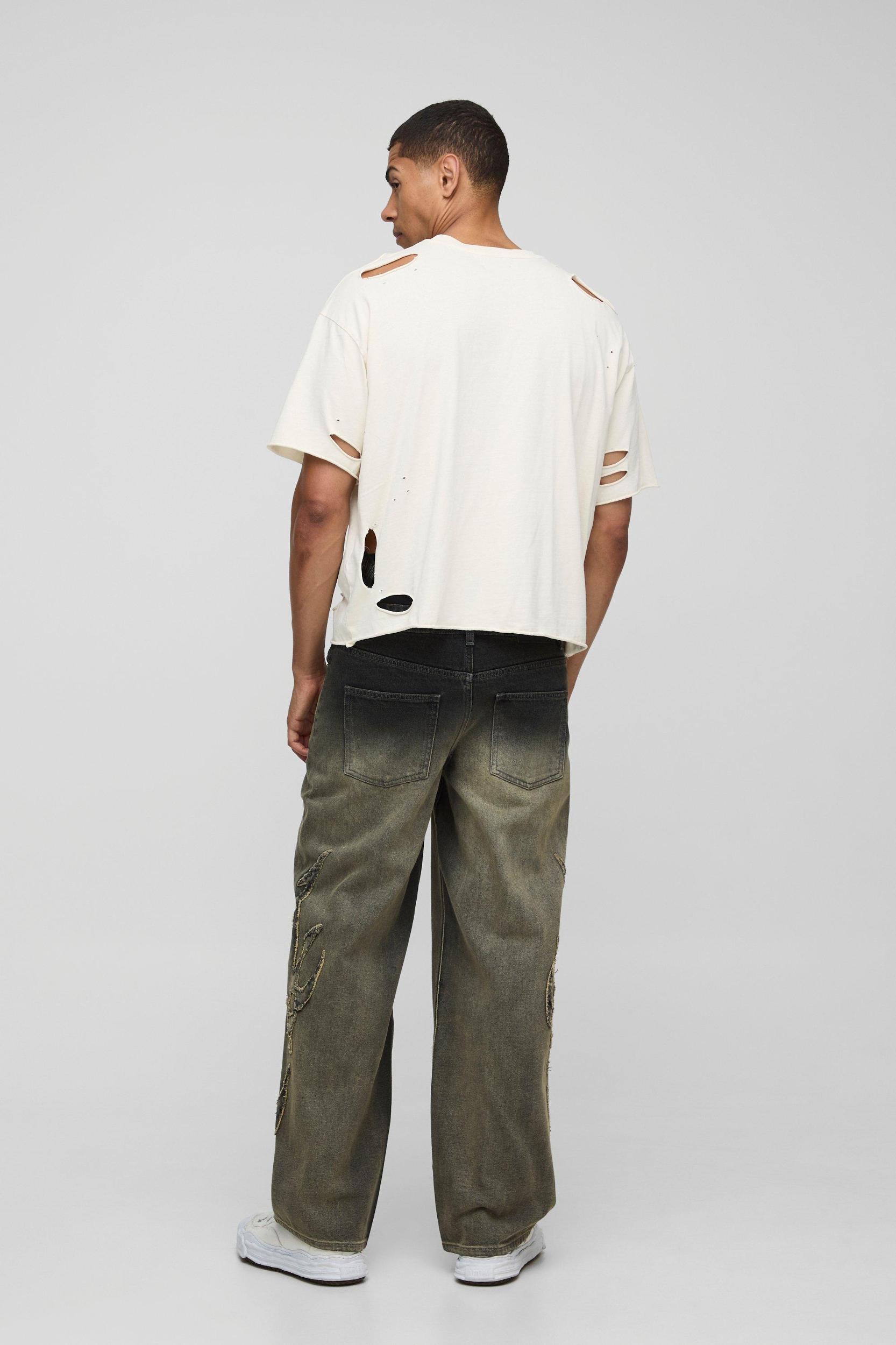 Relaxed Fit Green Washed Tribal Applique Jeans | boohooMAN USA Product Image