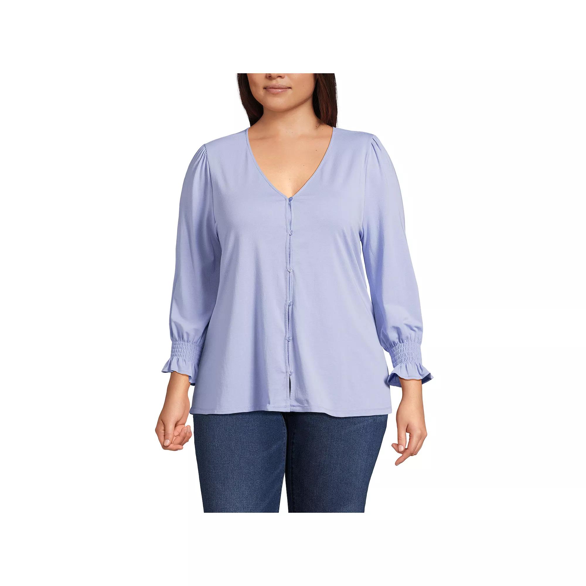 Plus Size Lands End 3/4 Sleeve Lightweight Jersey Button Front Top, Womens Product Image