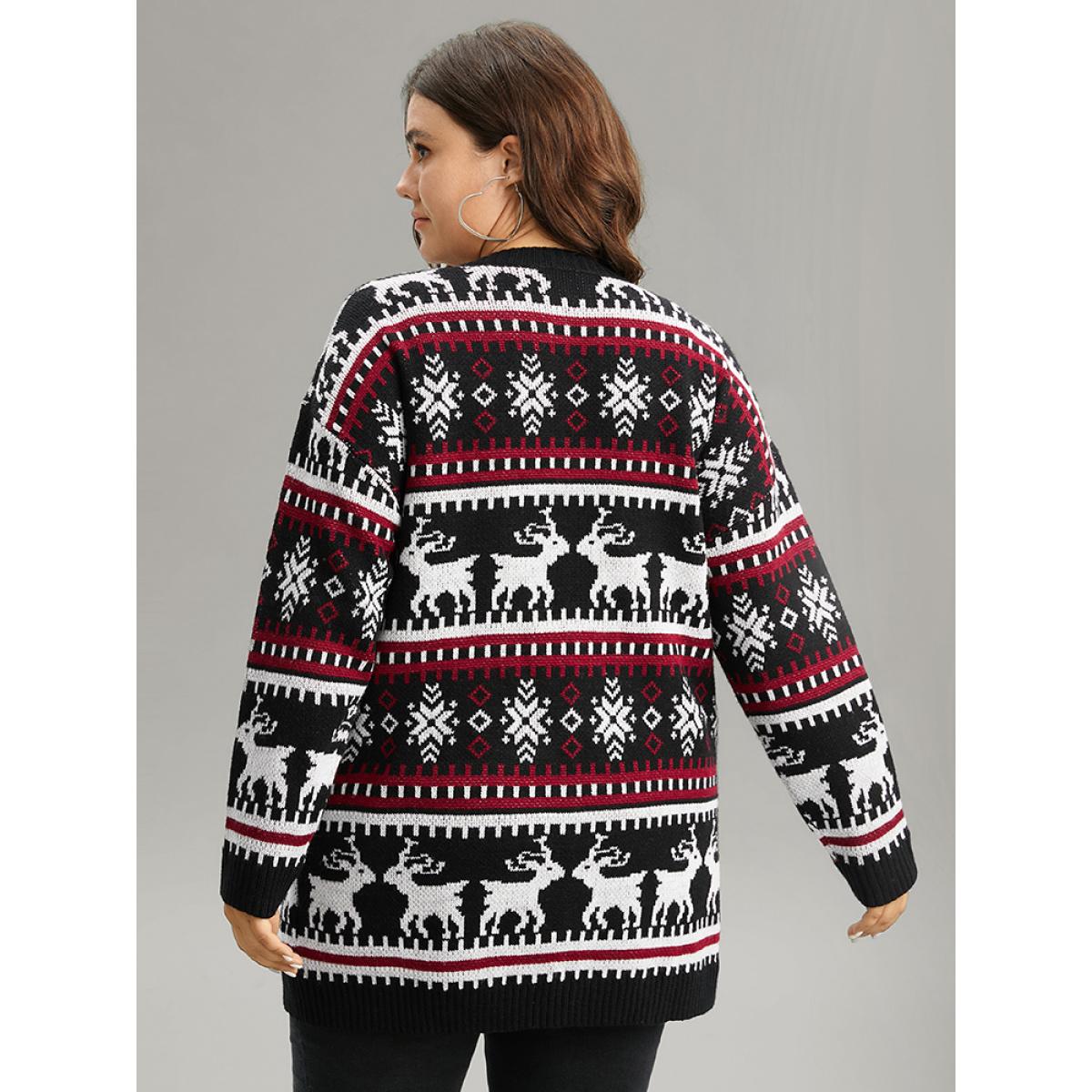 Plus Size Christmas Elk Open Front Pocket Cardigan Black Women Casual Loose Long Sleeve Festival-Christmas Cardigans BloomChic 14-16/1X Product Image