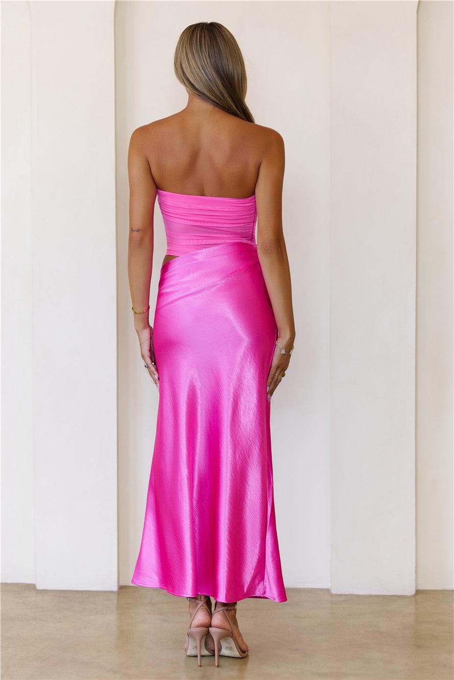 Luxe Attitude Satin Mesh Strapless Maxi Dress Pink Product Image