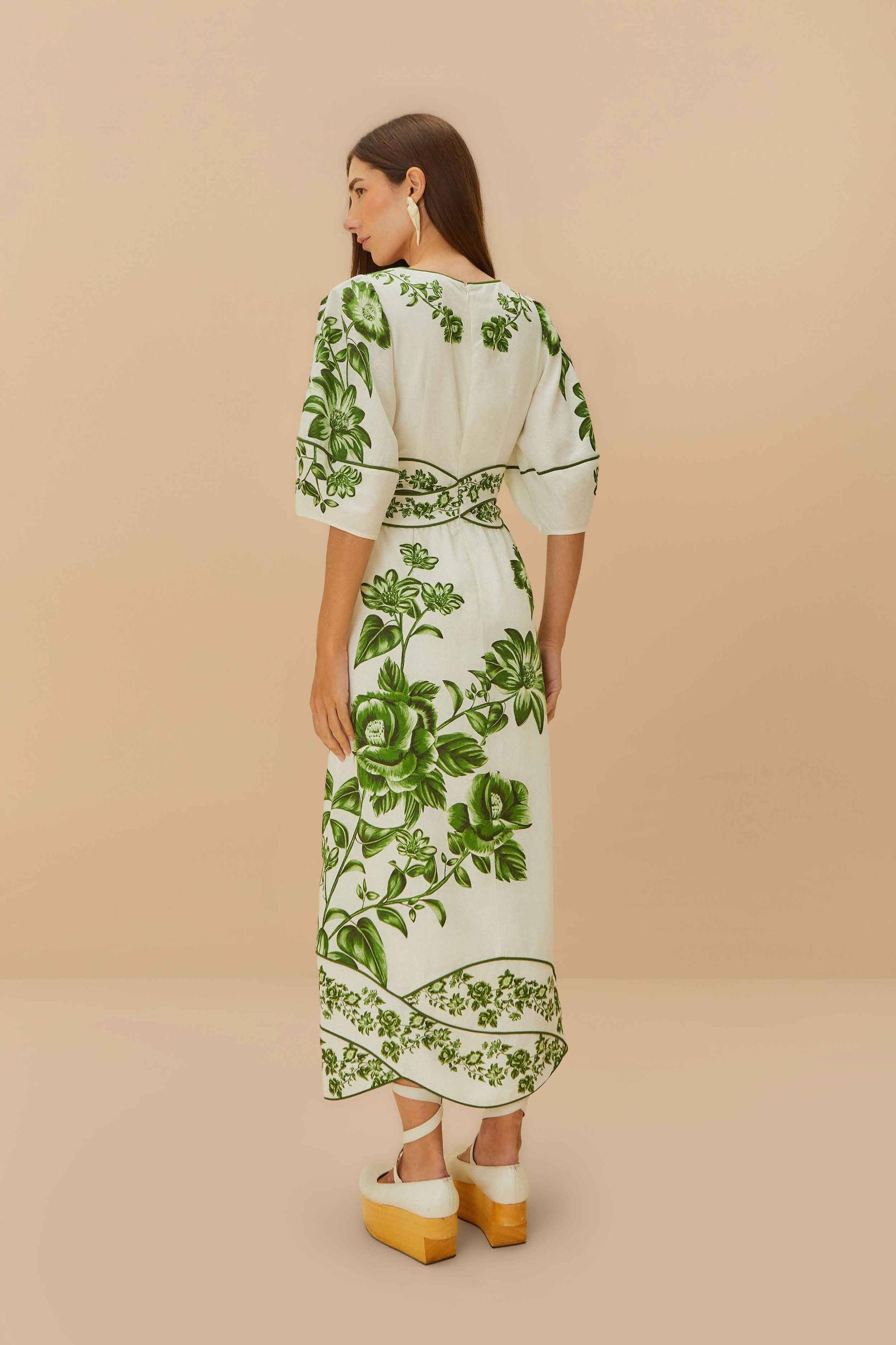 Off-White Green Floral Cascade LENZING™ ECOVERO™ Euroflax™ Midi Dress Product Image