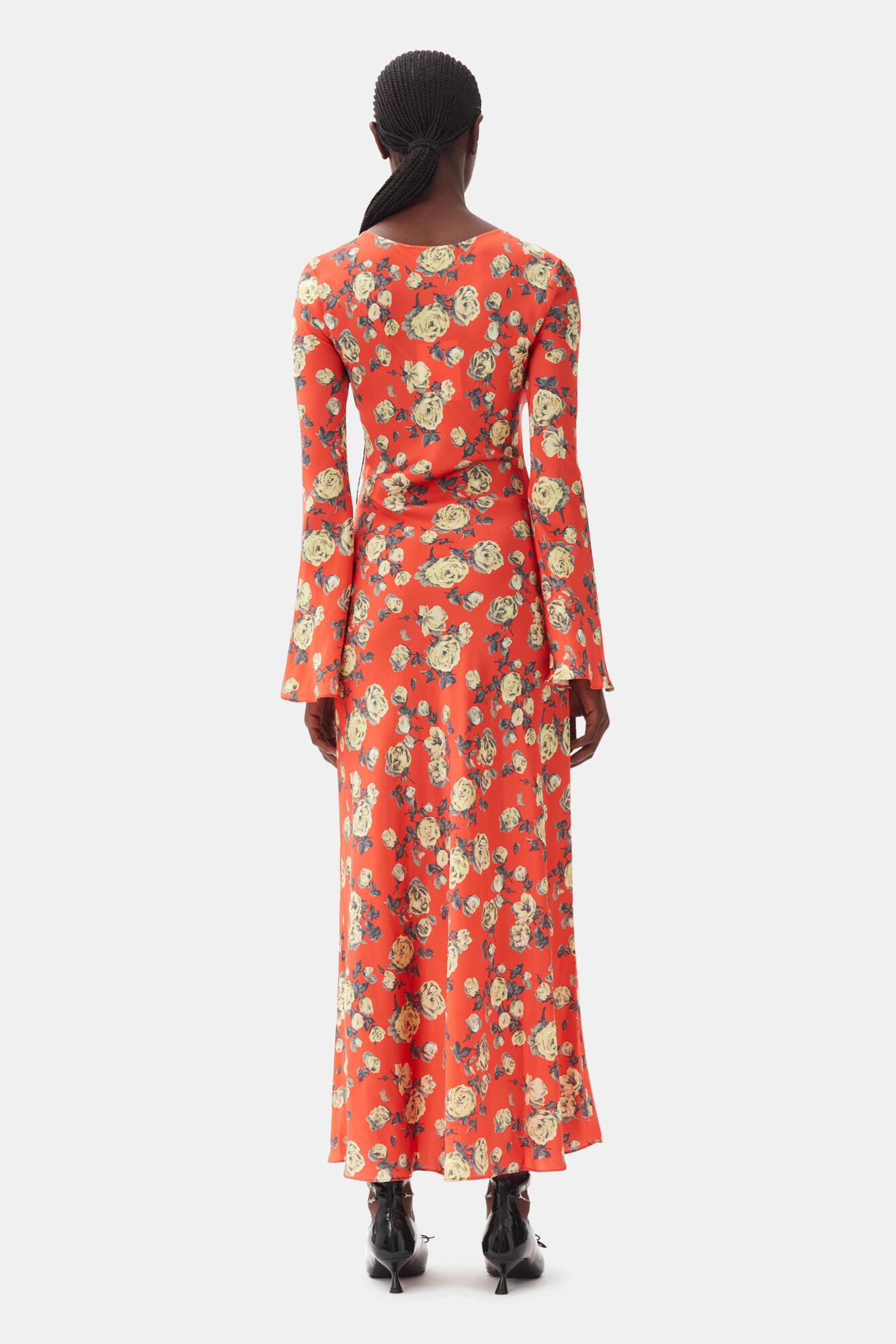 Orange Floral Printed Satin Maxi Dress Product Image