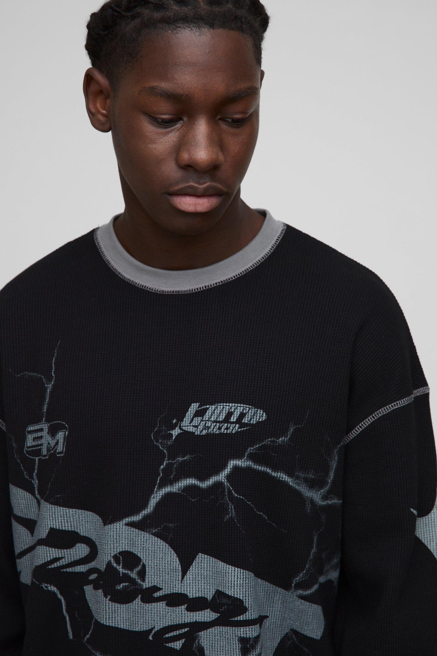Oversized Long Sleeve Printed Waffle Sweatshirt | boohooMAN USA Product Image