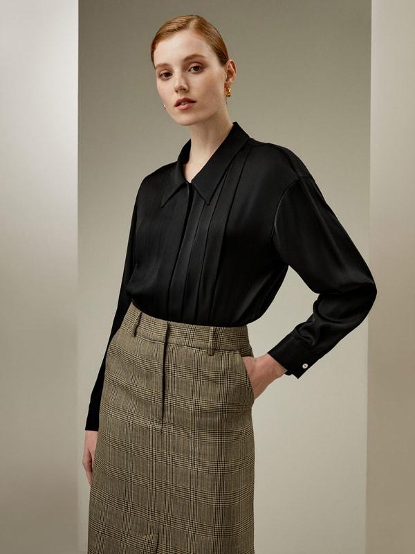 Pleated Shirt-Collar Silk Blouse Product Image