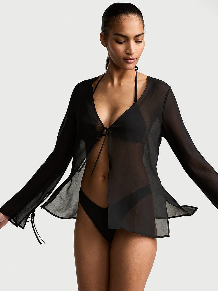 Beachwear Sheer Crinkle Tie-Front Long-Sleeve Top Product Image