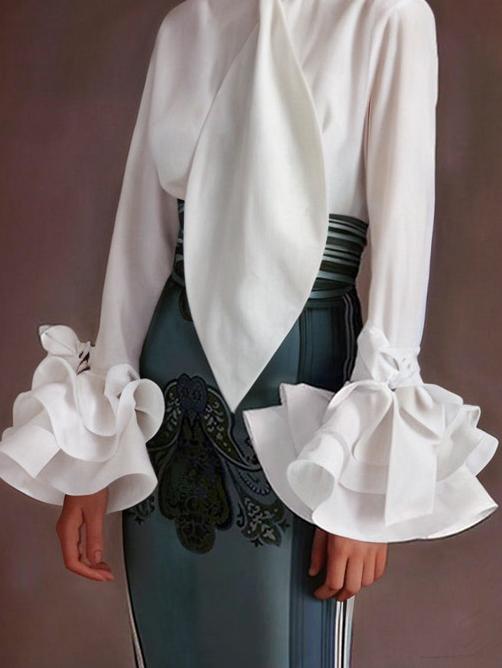 Flared Sleeves Long Sleeves Buttoned Falbala Solid Color Stand Collar Blouses&Shirts Tops Product Image