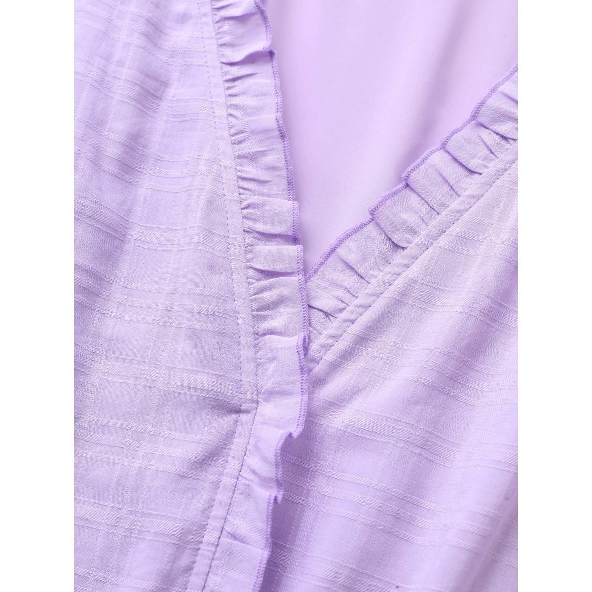 Plus Size Plaid Drawstring Puff Sleeve Frill Trim Dress Lilac Women Casual V-neck Short sleeve Curvy BloomChic 18-20/2X Product Image