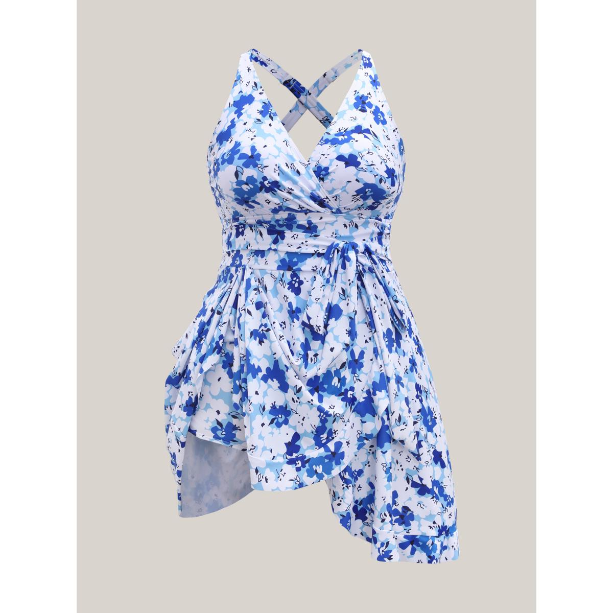 Plus Size Floral Print Belted Flared Swim Dress Women's Swimwear Mediumblue Resort Bodycon Overlap Collar High stretch Curve Swim Dresses BloomChic 18-20/2X Product Image