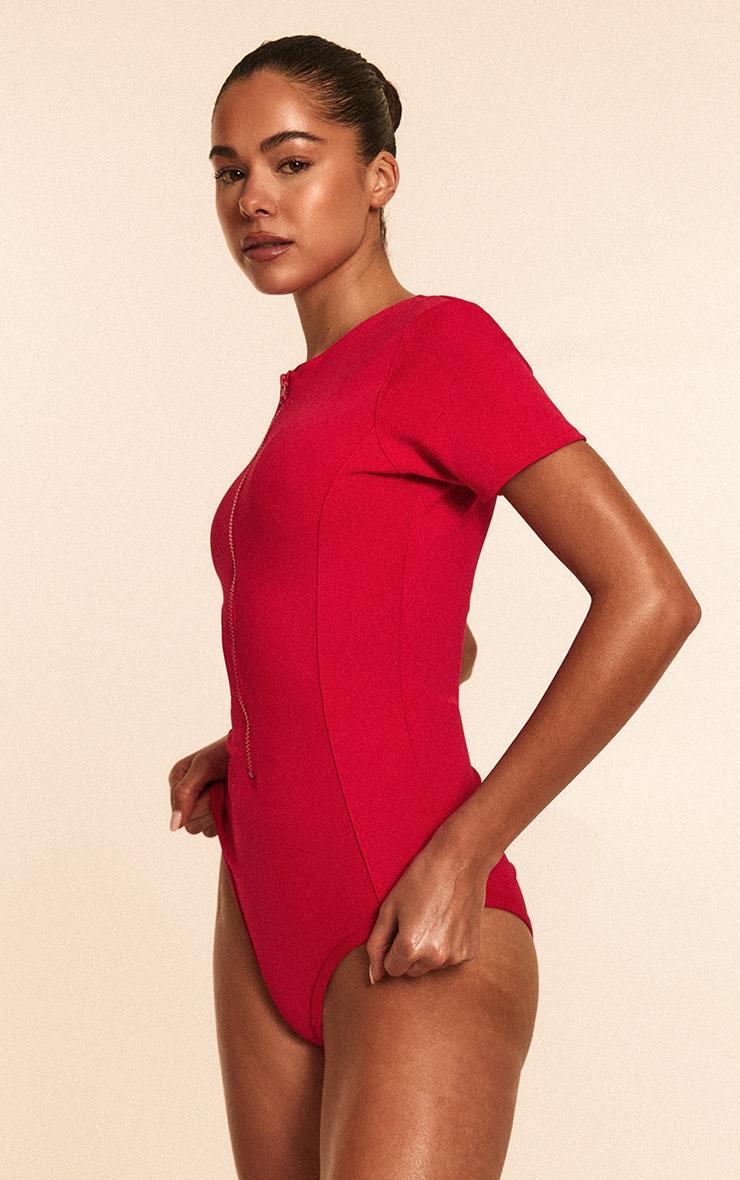 Red Scuba Zip Up Swimsuit Product Image