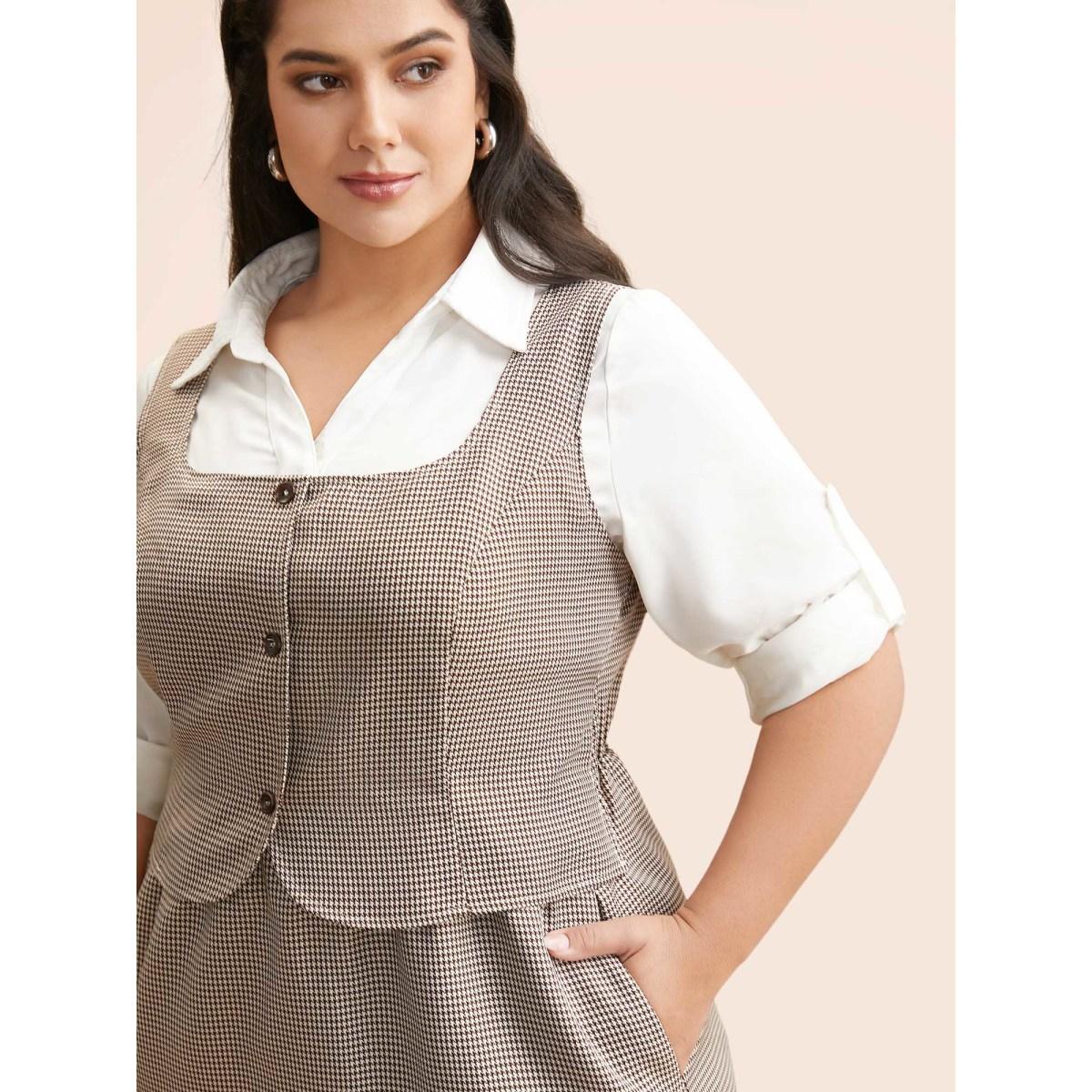 Plus Size Square Neck Houndstooth Elastic Waist Dress Browncoffeecolor Women At the Office Button Square Neck Sleeveless Curvy BloomChic 22-24/3X Product Image