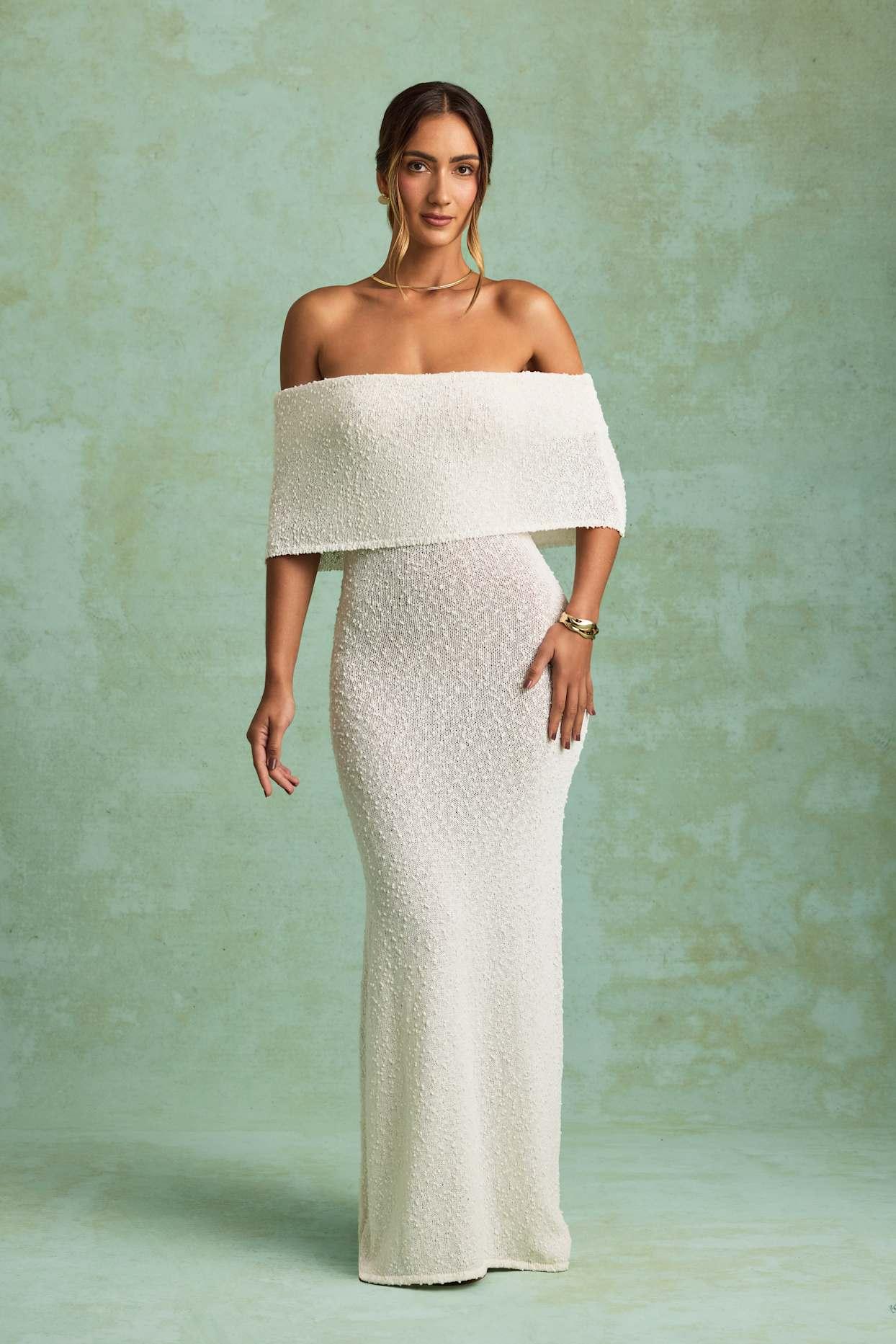 Bouclé Off-Shoulder Maxi Dress in White Girls Product Image