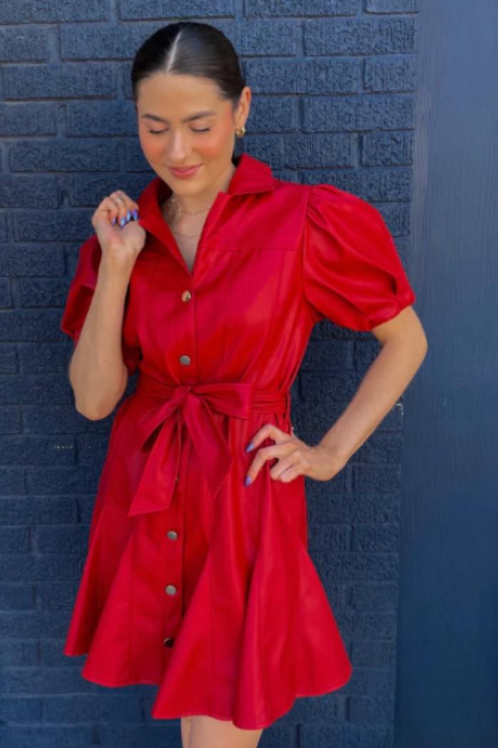 Vegan Leather Red Puff Sleeve Dress Product Image