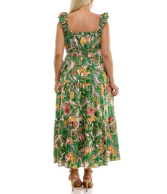 Moda Tara Plus Size Square Neck Sleeveless Tropical Print Tiered A-Line Sundress Product Image
