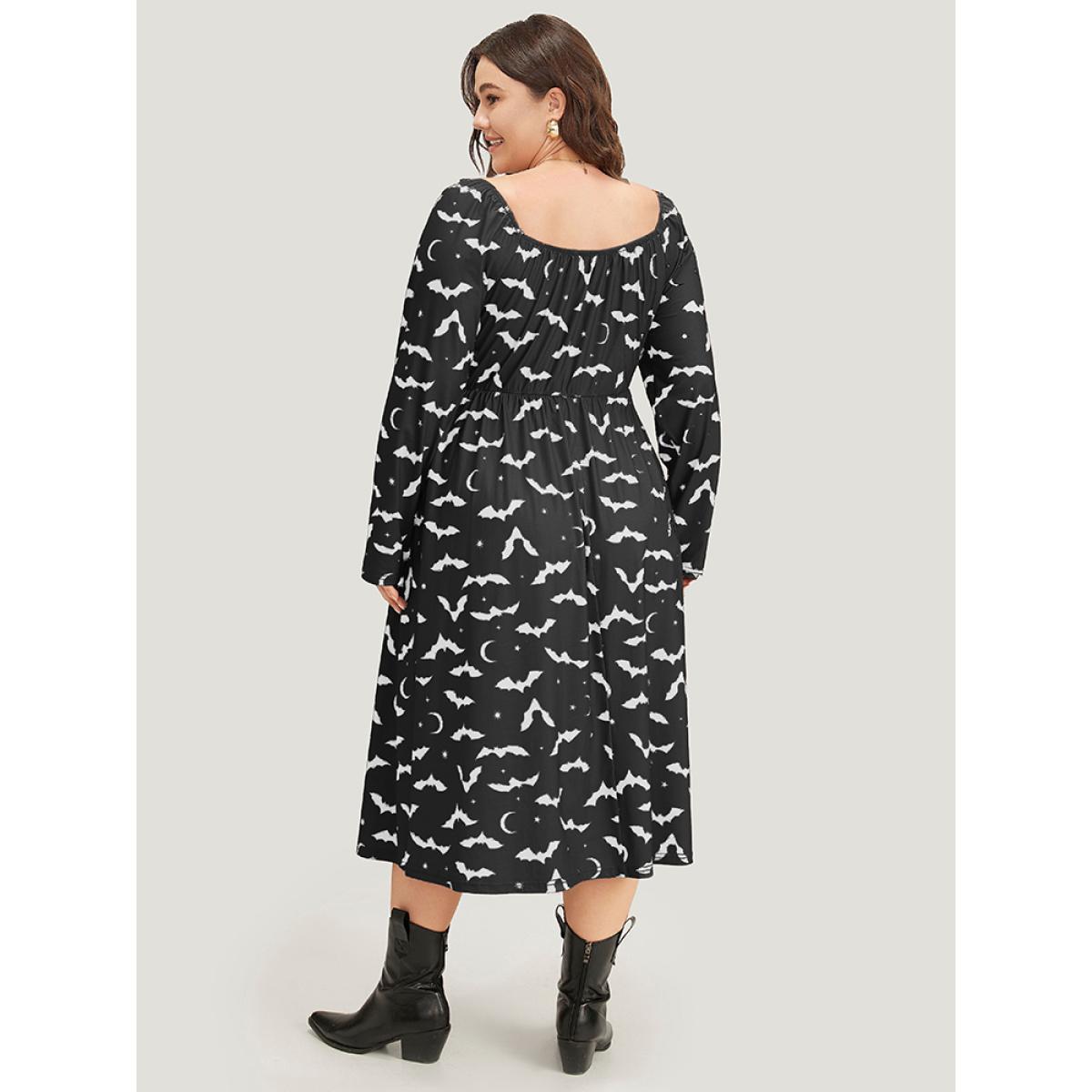Plus Size Halloween Bat Print Pocket Square Neck Dress Black Women Casual Gathered Square Neck Long Sleeve Curvy Midi Dress BloomChic 12/L Product Image