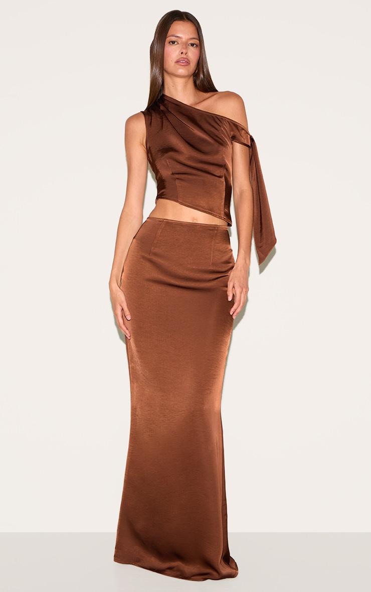 Chocolate Mid Rise Satin Maxi Skirt Product Image