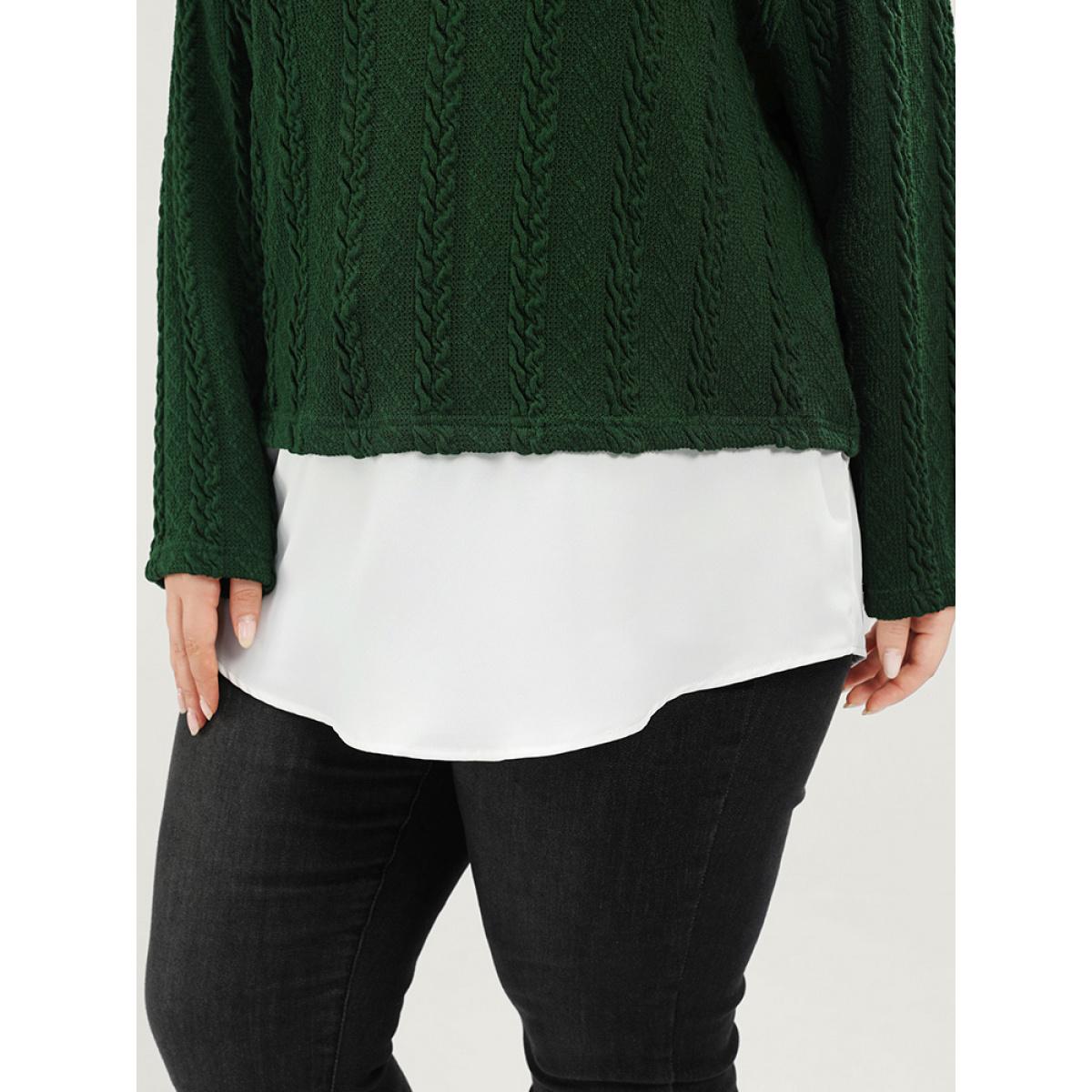 Plus Size Solid Patchwork Textured Asymmetrical Hem 2-In-1 Sweatshirt Women Green Casual Patchwork Round Neck Dailywear Sweatshirts BloomChic 18-20/2X Product Image