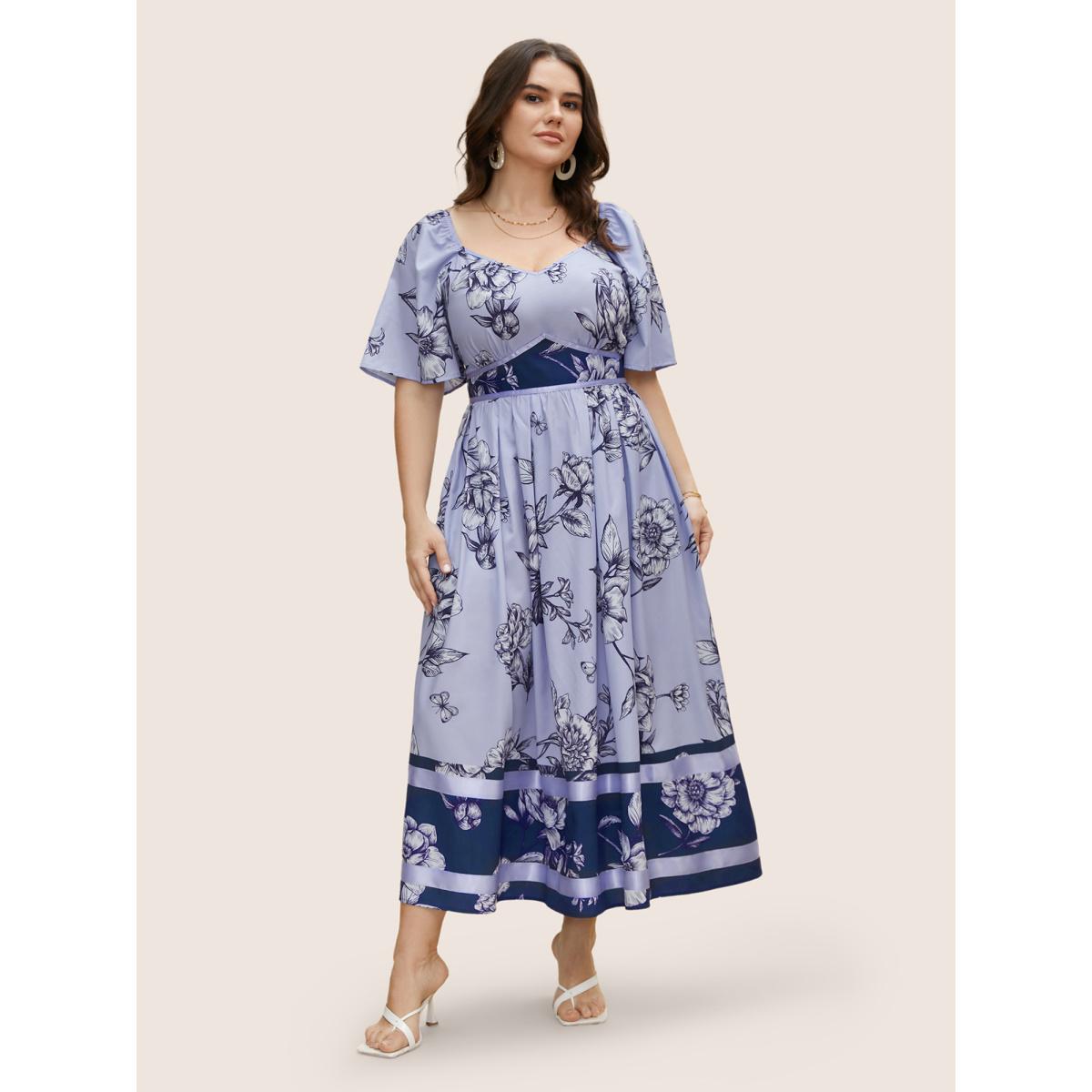 Plus Size Boho Print Heart Neckline Ruffle Sleeve Maxi Dress Mediumblue Women Romantic Woven ribbon&lace trim Square Neck Short sleeve Curvy BloomChic 28/5X Product Image