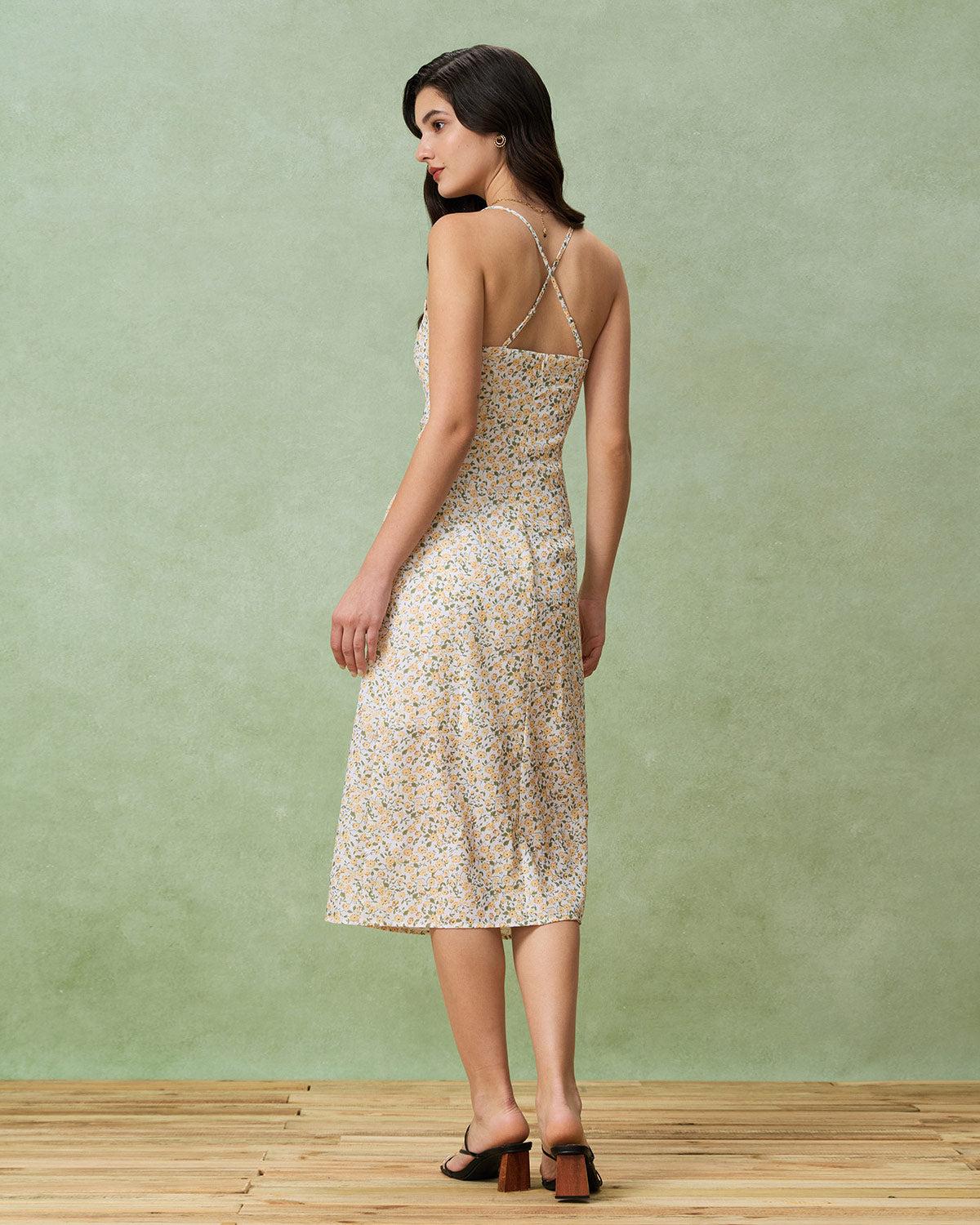 Yellow Floral Ruched Slip Midi Dress Product Image