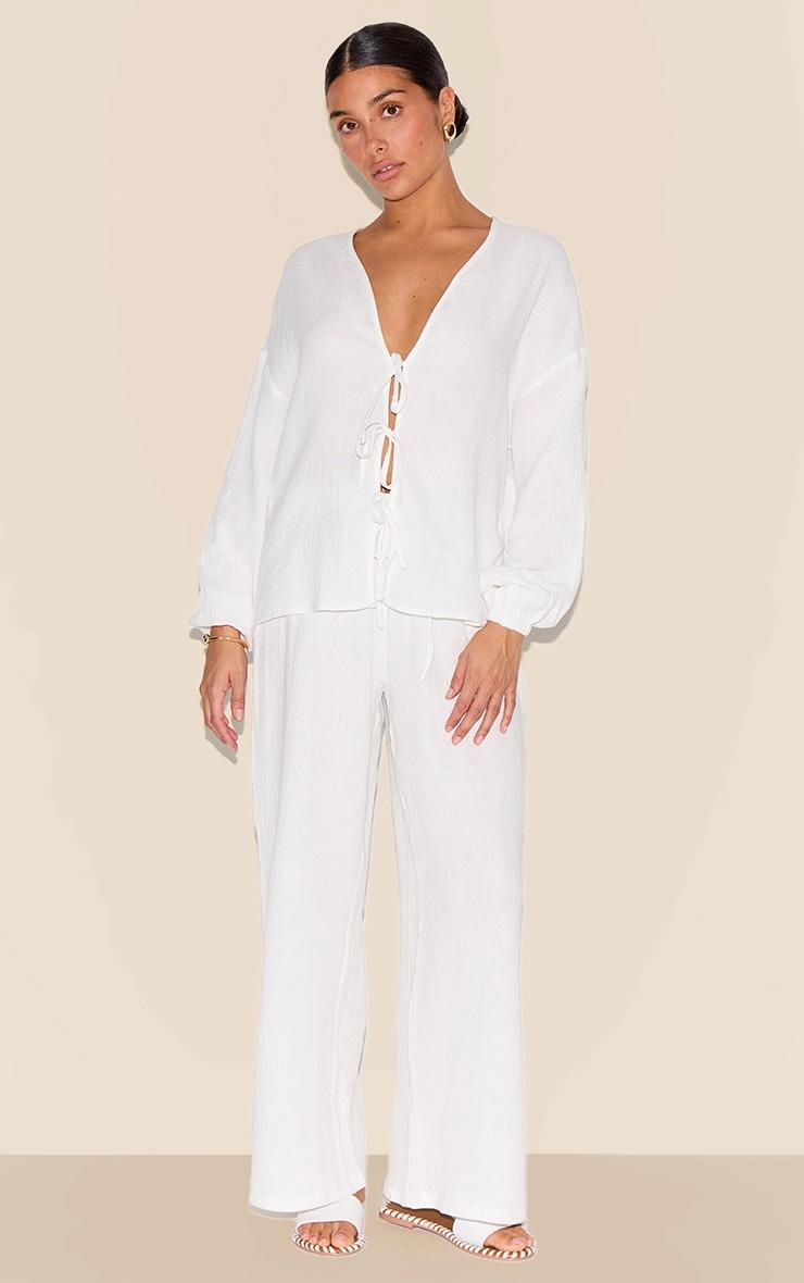 Petite White Cheesecloth Textured Tie Front Shirt Product Image