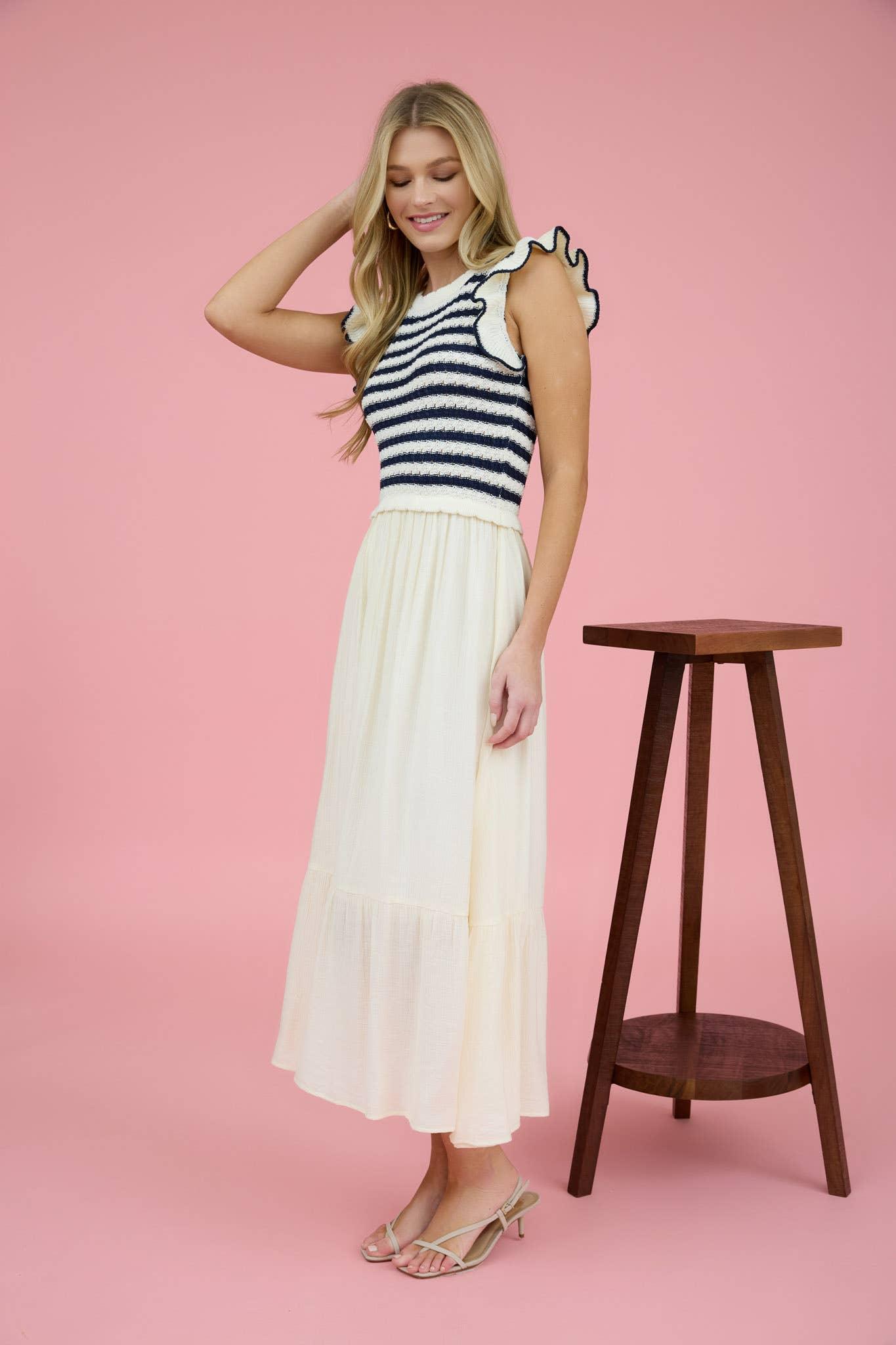 STRIPE SWEATER TOP MIXED MEDIA MIDI DRESS: NAVY Product Image