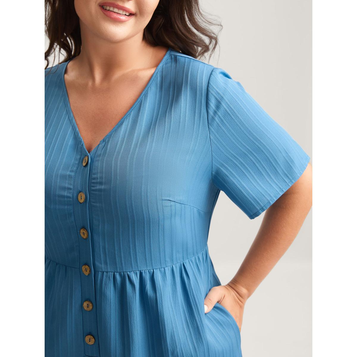 Plus Size DarkBlue Button Detail High Waisted Solid Jumpsuit Women Short sleeve V-neck Everyday-Casual Loose Jumpsuits BloomChic 10/M Product Image