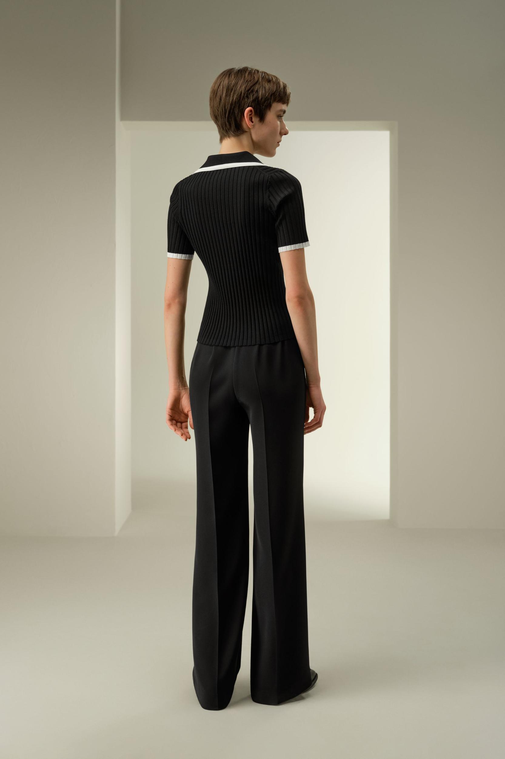 Slim Fit Silk Knit V-Neck Collared Top Product Image