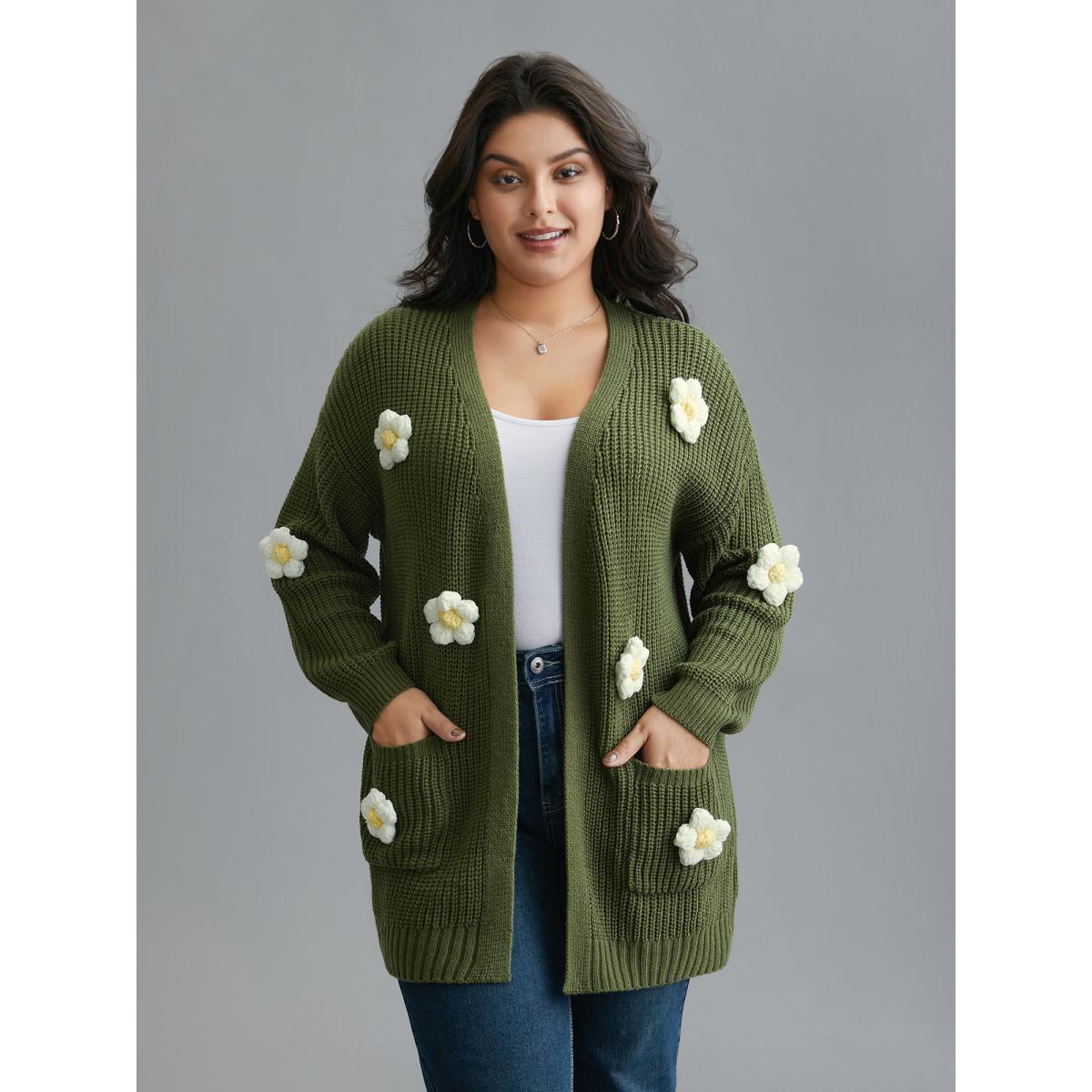 Plus Size Floral Motifs V-Neck Pockets Knit Cardigan Moss Women Casual Loose Long Sleeve Everyday Cardigans BloomChic 28/5X Product Image