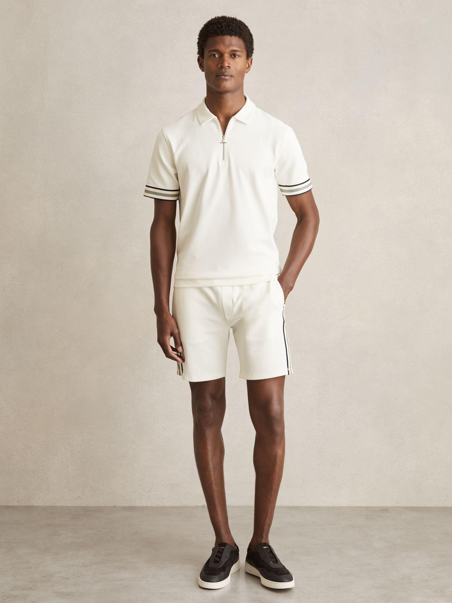 Textured Contrast Trim Half-Zip Polo Shirt in Off White Product Image