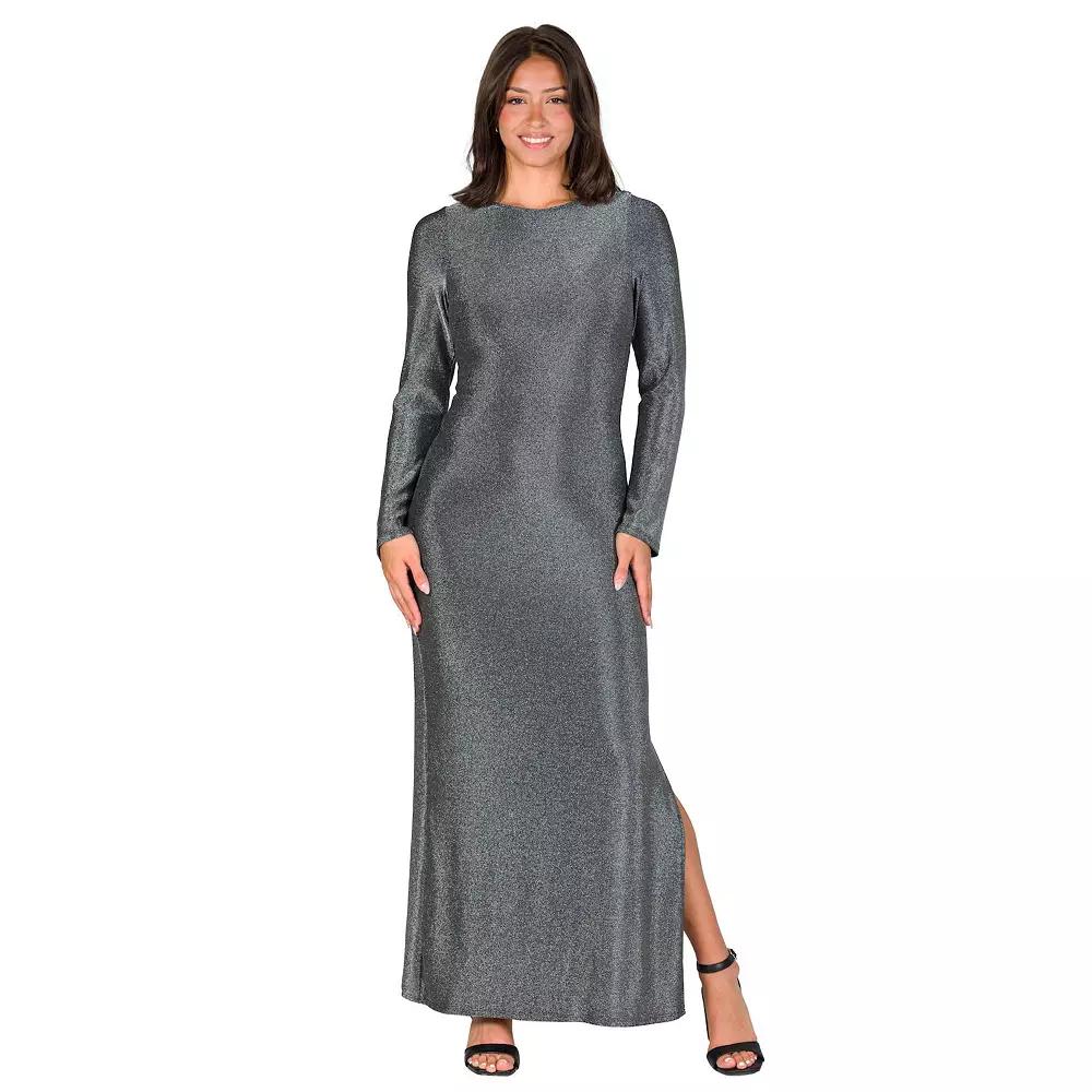 Women's 24Seven Comfort Apparel Long Sleeve Shimmer Side Slit Maxi Dress,  Product Image