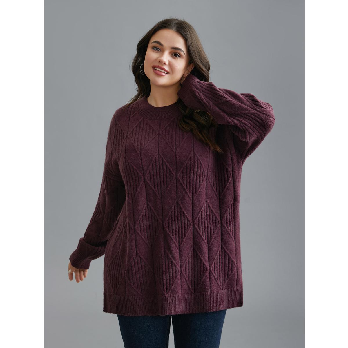 Plus Size Cable Knit Turtleneck Split Hem Pullover Plum Women Casual Loose Long Sleeve Turtleneck Everyday Pullovers BloomChic 12/L Product Image
