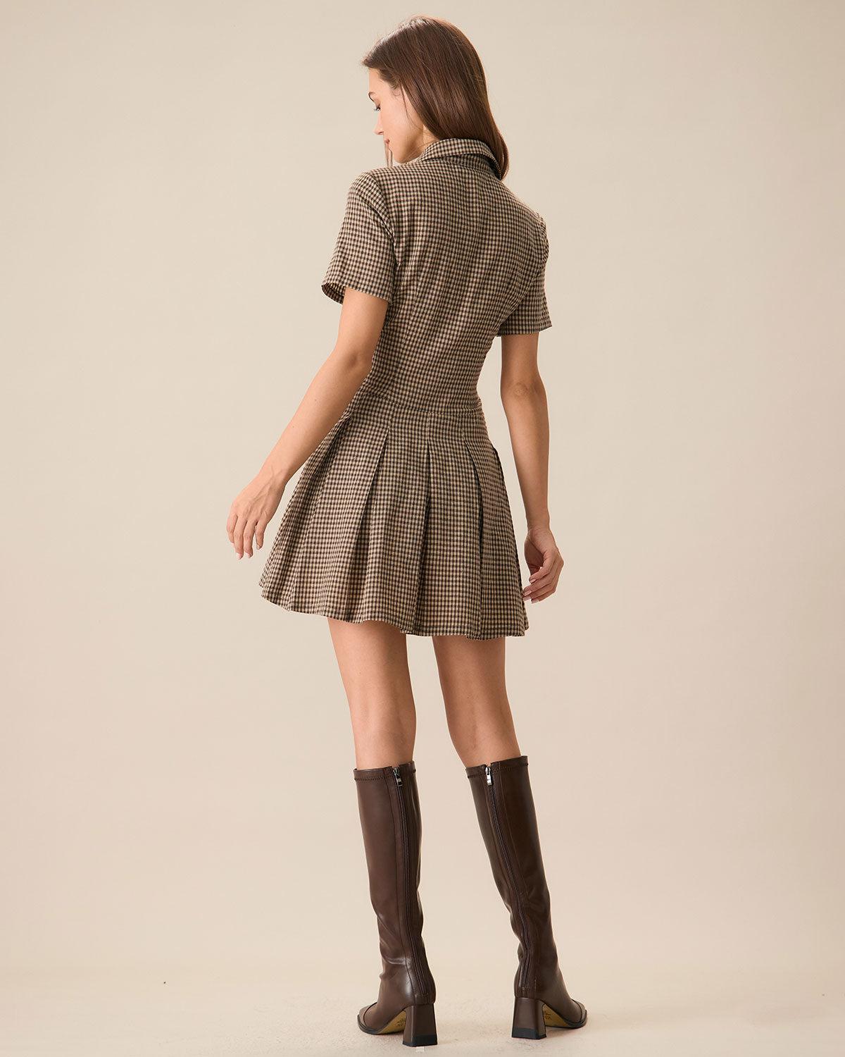 Brown Plaid Lapel Pleated Mini Dress Product Image