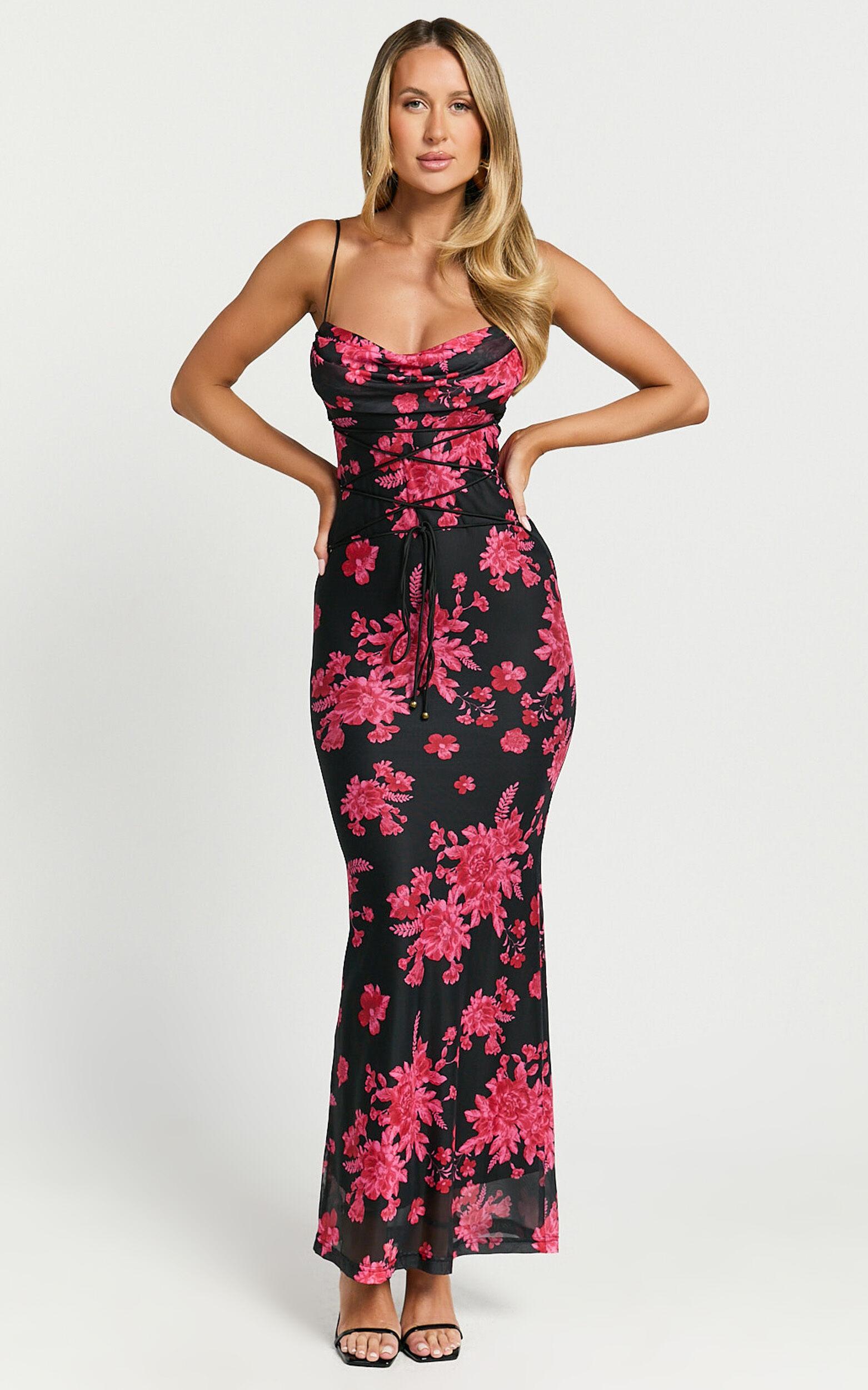 Ariel Midi Dress - Mesh Bodycon Tie Detail Dress in Black & Red Floral Product Image