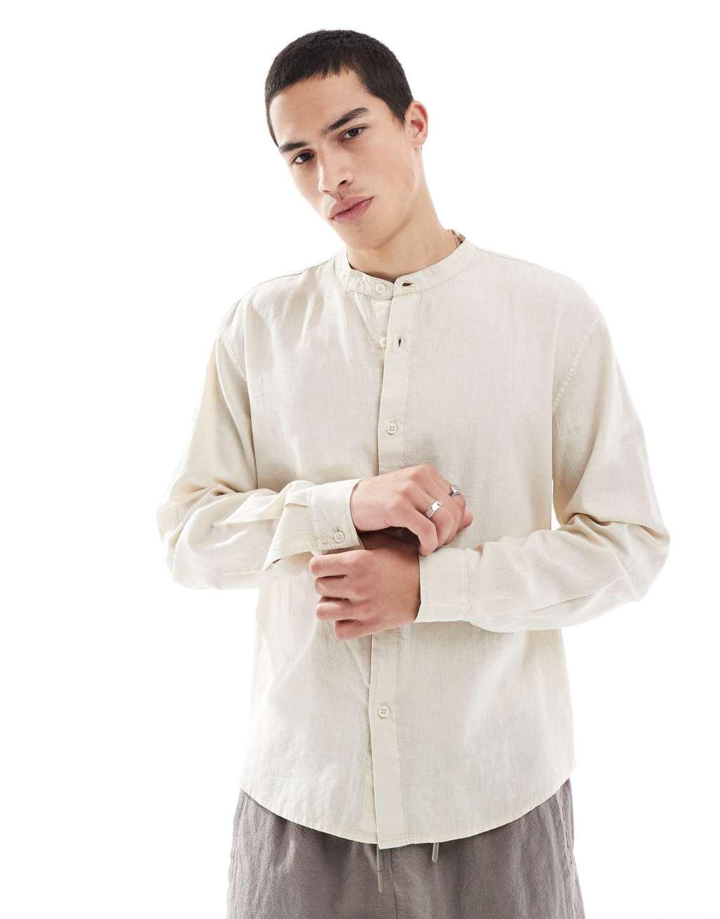 Pull&Bear linen rich long sleeve textured grandad shirt in beige Product Image