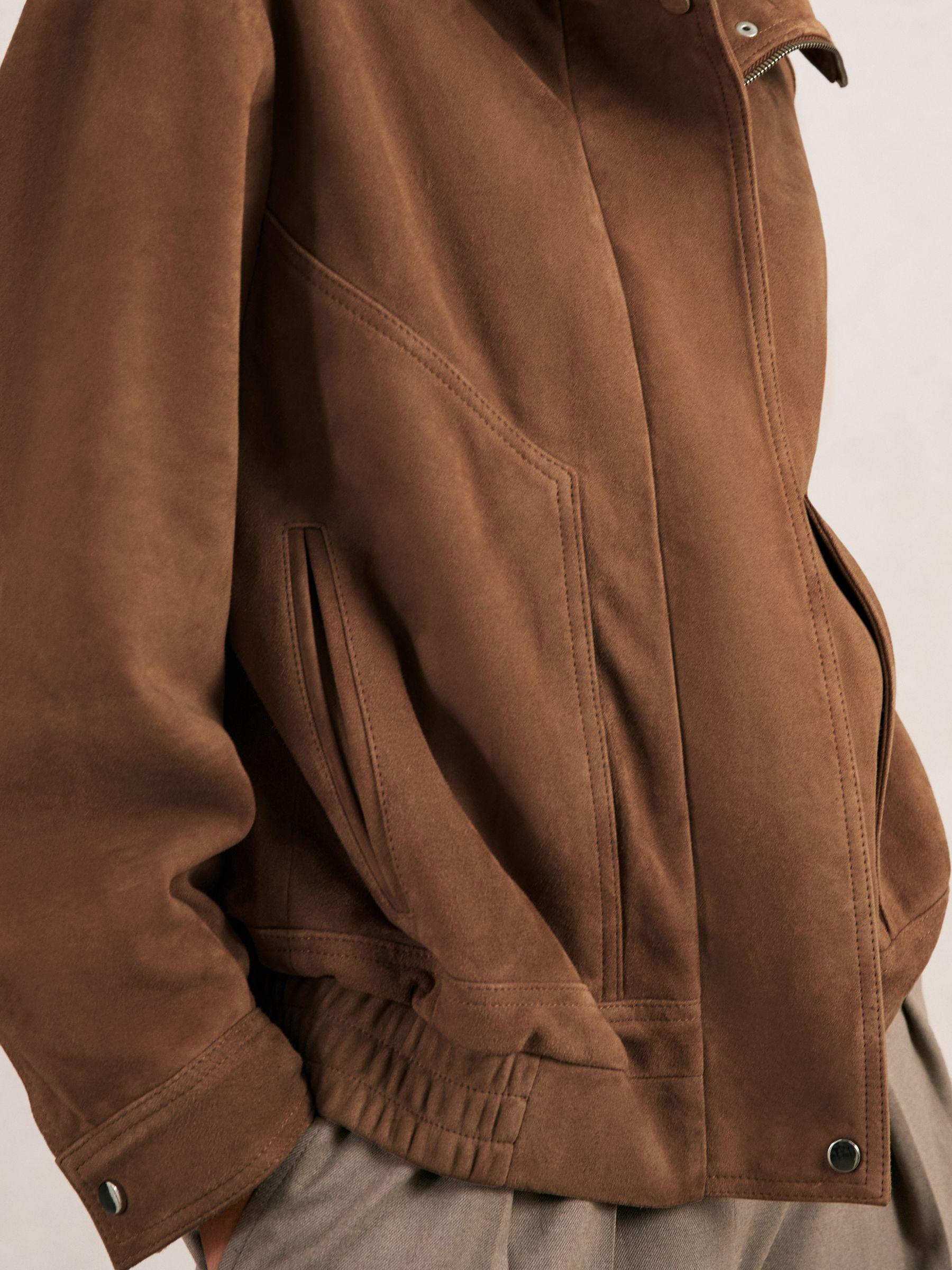 Suede Funnel-Neck Bomber Jacket in Tan Product Image