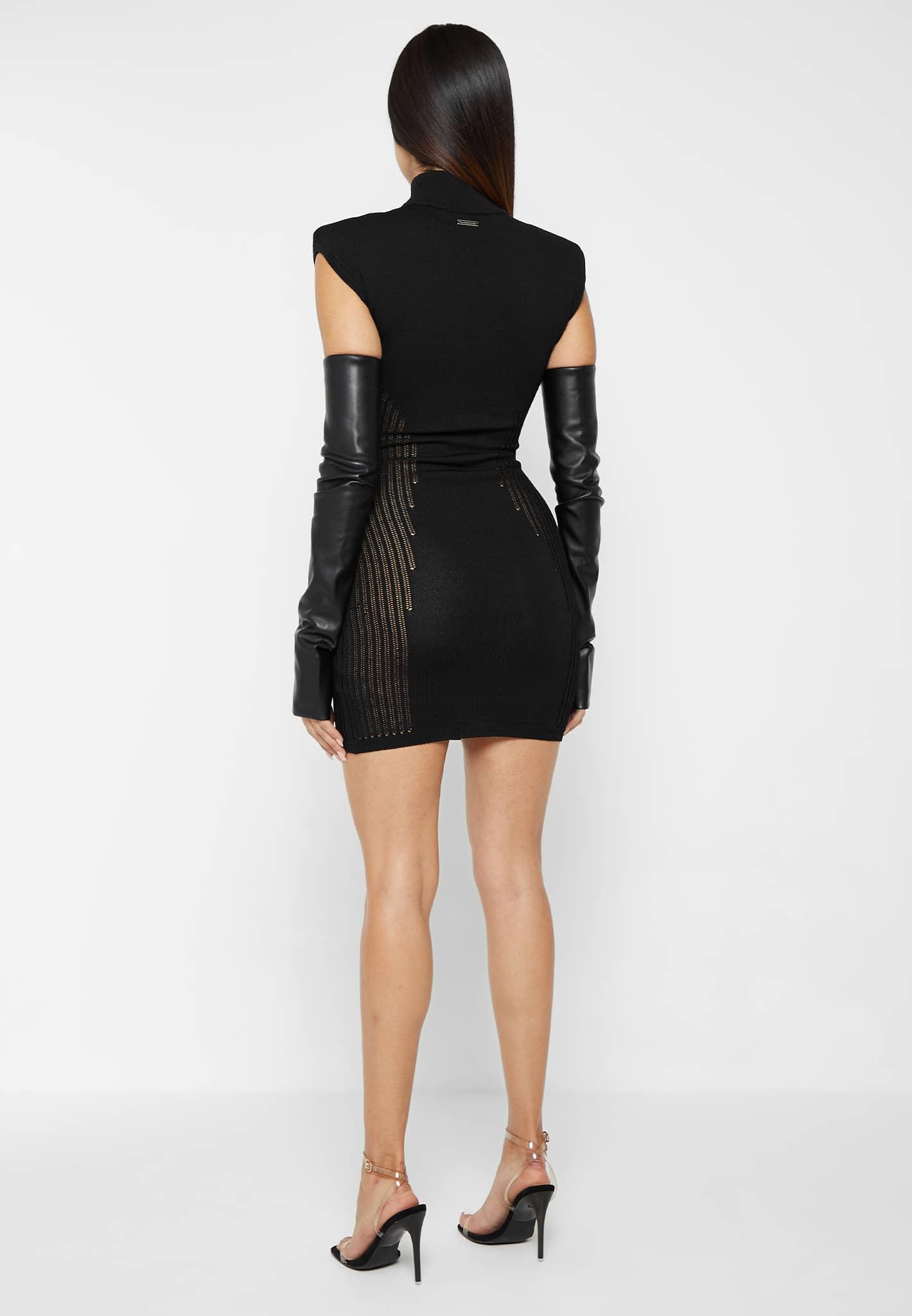 Knitted Contour Dress with Leather Sleeves - Black Female Product Image