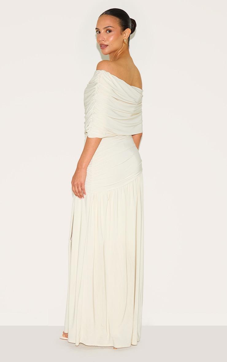 Petite White Double Layer Slinky Bardot One Shoulder Ruched Maxi Dress Product Image