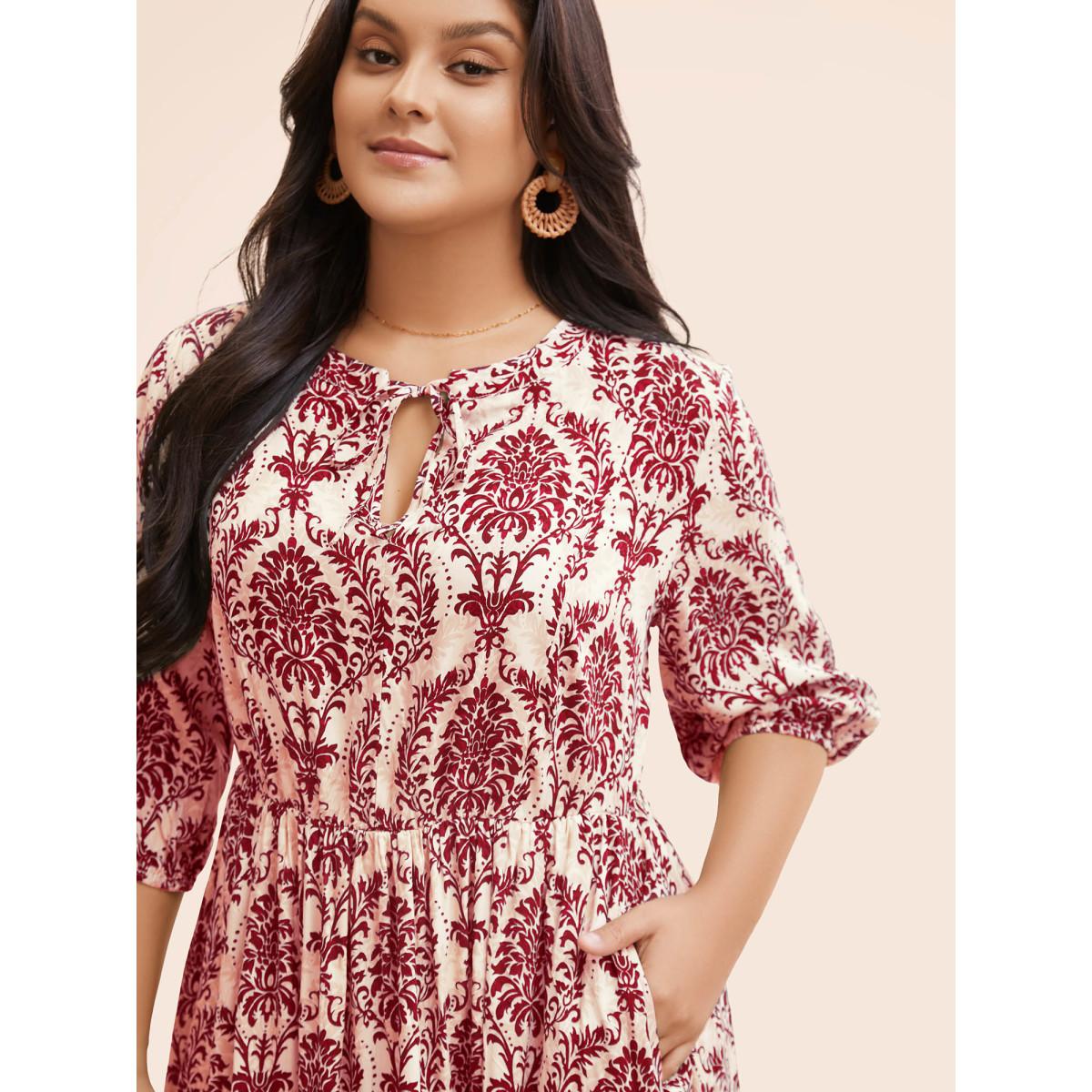 Plus Size Damask Print Tie Knot Puff Sleeve Dress Rust Women Resort Tie knot V-neck Elbow-length sleeve Curvy BloomChic 28/5X Product Image