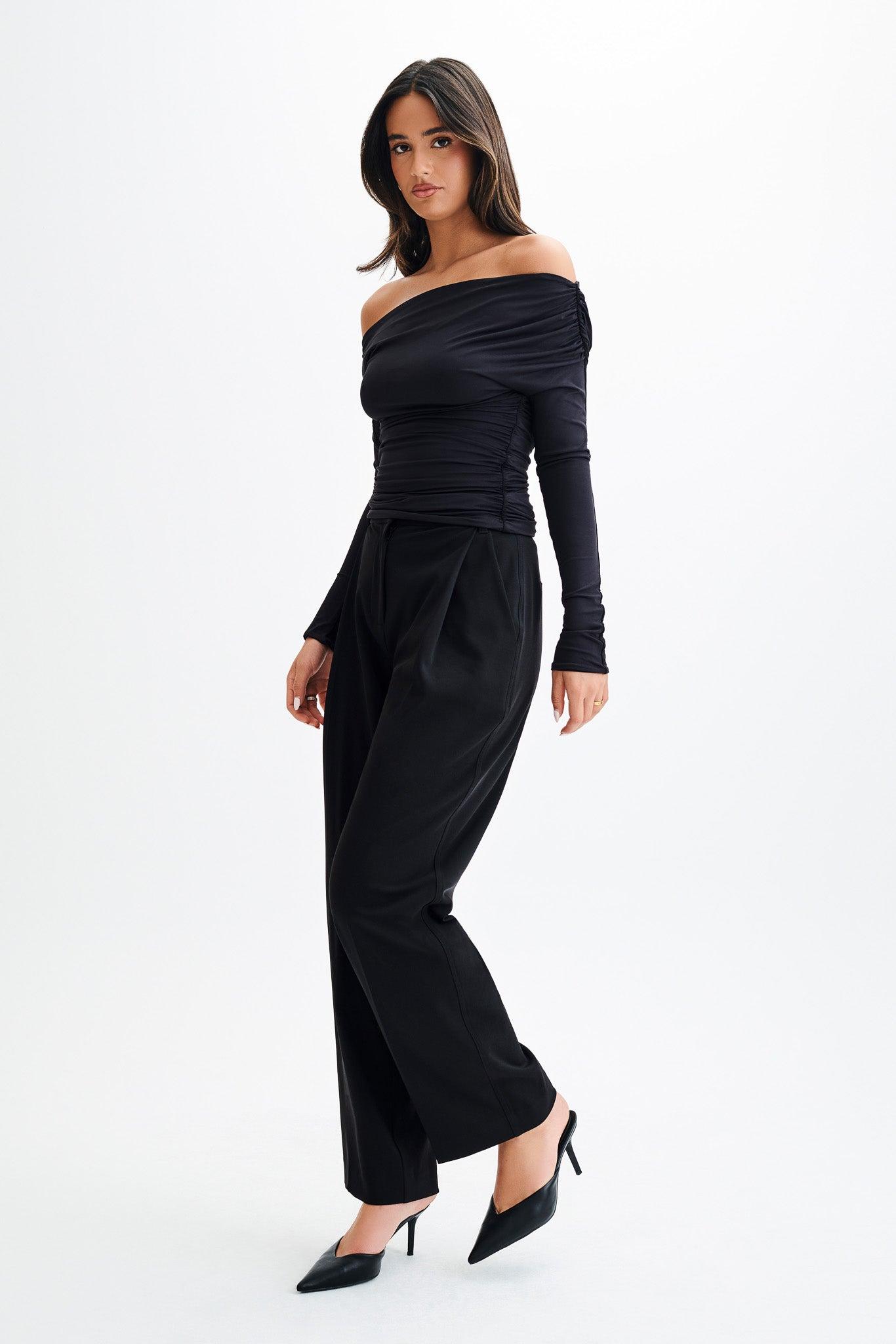 Alayna Long Sleeve Recycled Nylon Ruched Top - Black Product Image