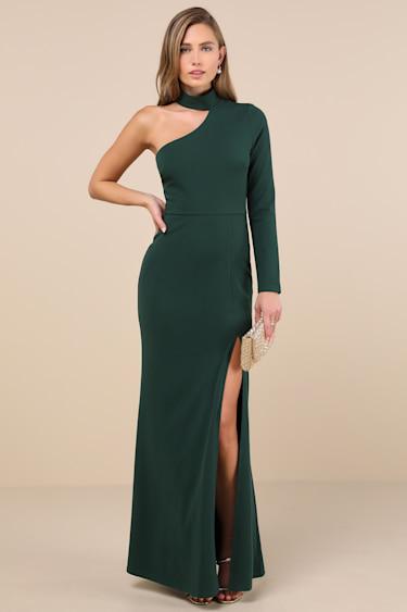 Keep It Interesting Emerald Cutout One-Shoulder Maxi Dress Product Image