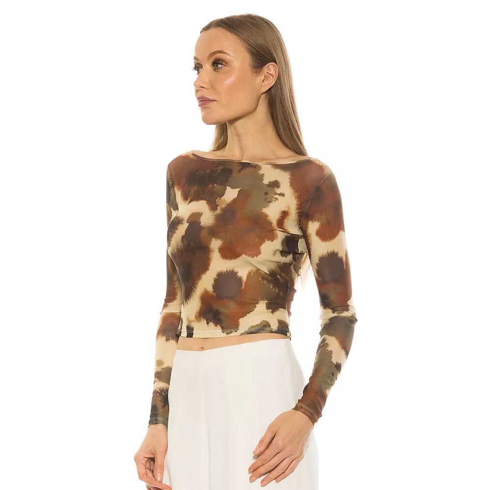 Women's ALEXIA ADMOR Opal Boatneck Sheer Mesh Long Sleeve Top, Size: Small, Green Abstract Product Image