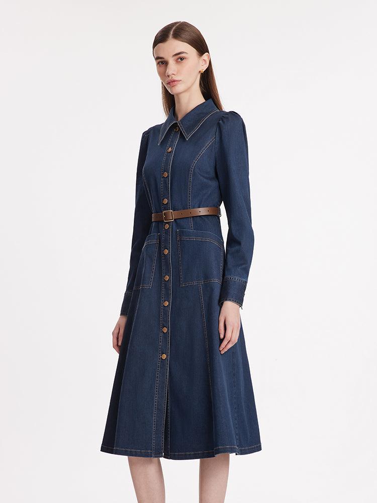 Single-Breasted Lapel Women Midi Denim Dress With Belt Product Image
