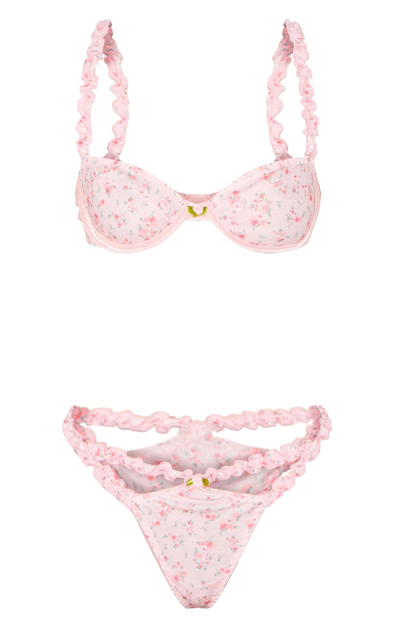 Pink Ribbed Floral Frill Underwired Lingerie Set Product Image