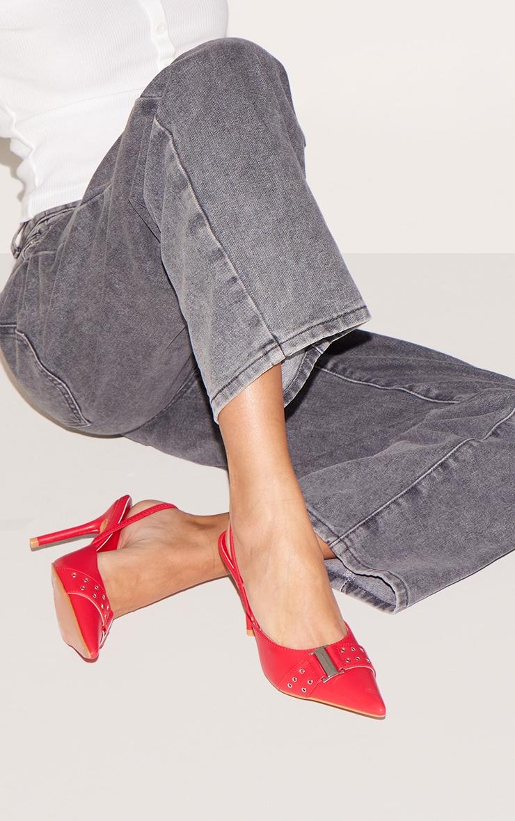 Red Pu Point Toe Buckle Detail Mid Heeled Courts Product Image