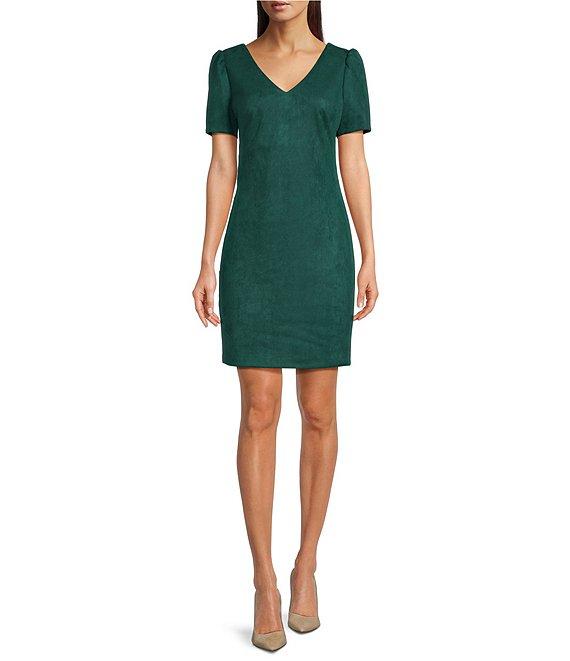 Kensie Faux Suede V-Neck Short Pleated Sleeve Mini Dress Product Image