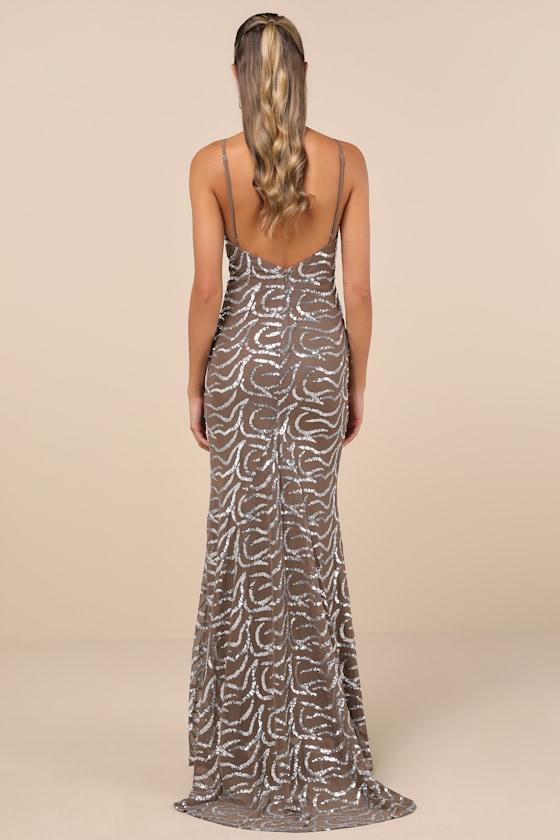 Mesmerizing Demeanor Taupe Sequin Backless Mermaid Maxi Dress Product Image