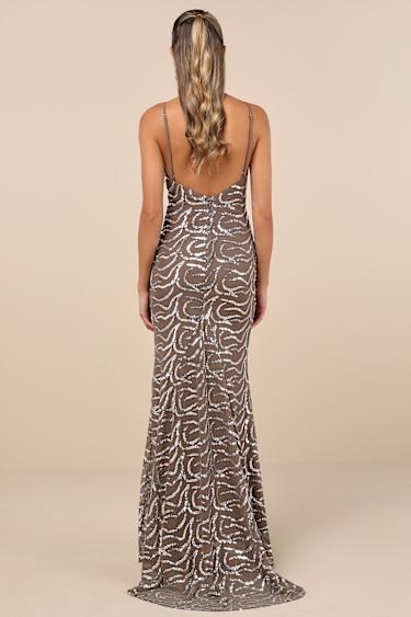 Mesmerizing Demeanor Taupe Sequin Backless Mermaid Maxi Dress Product Image