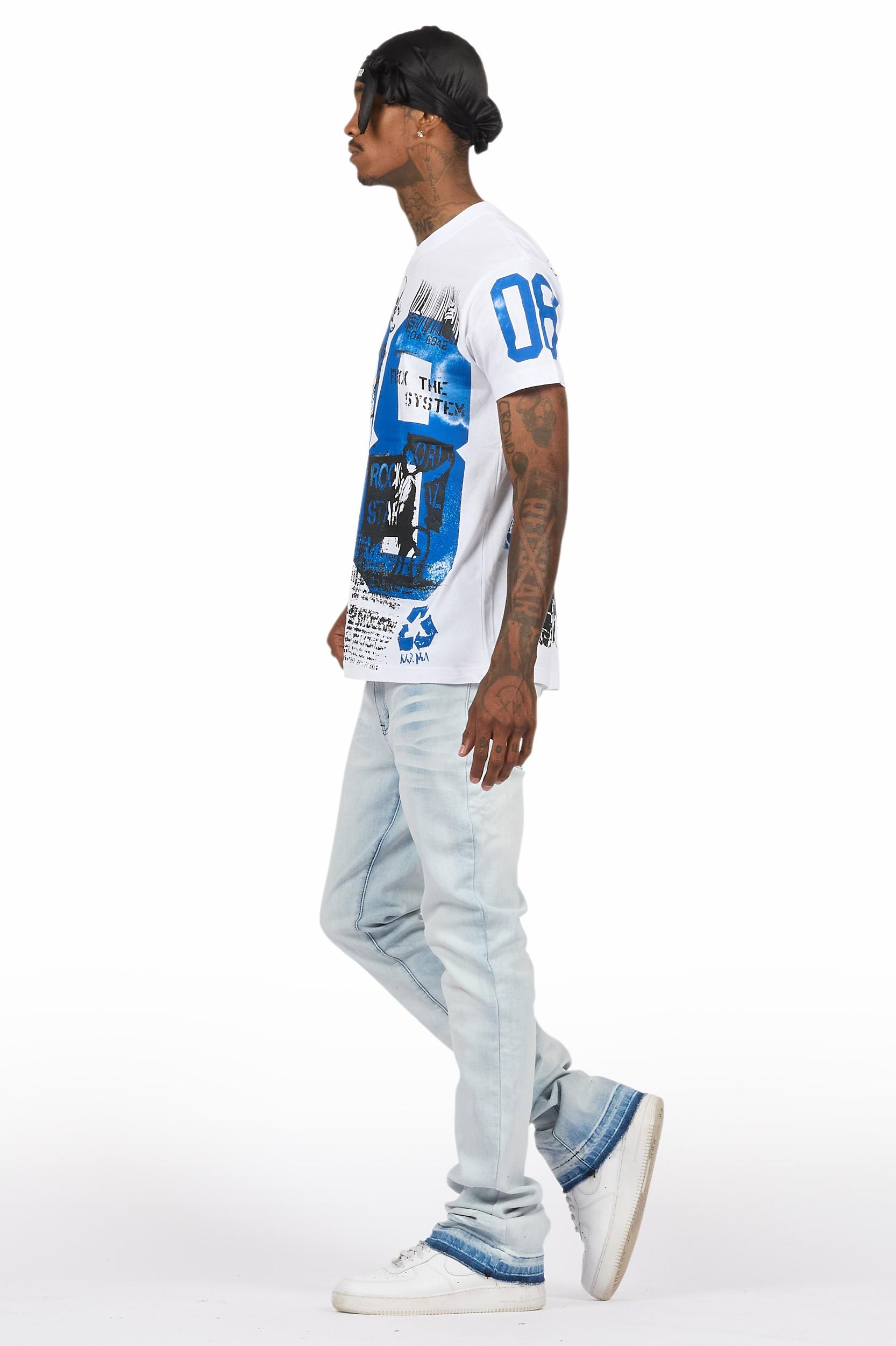 Grill White/Blue Oversized Graphic T-Shirt/Dag Stacked Flare Jean Set Male Product Image