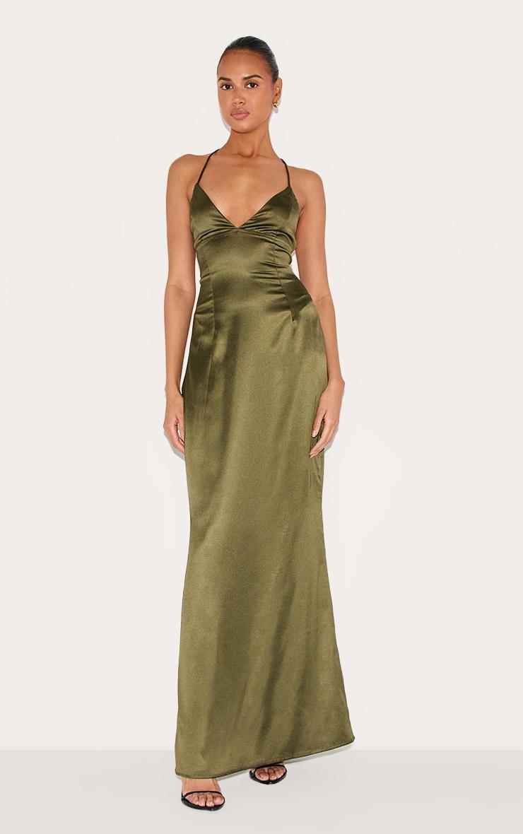  Olive Satin Tie Back Maxi Dress Product Image