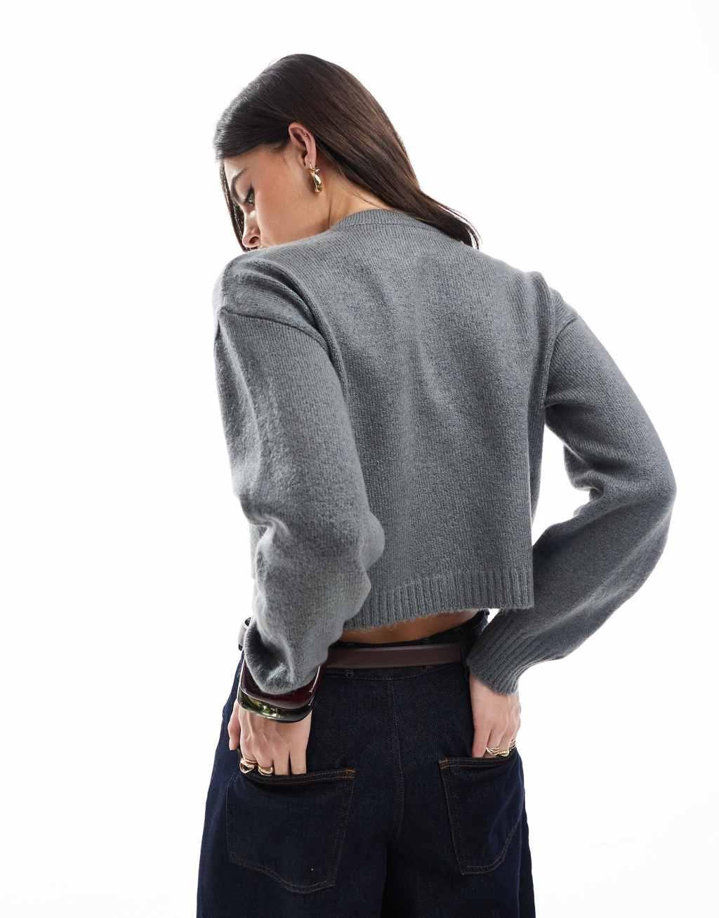 Miss Selfridge seam detail crew neck boxy cardigan in gray Product Image