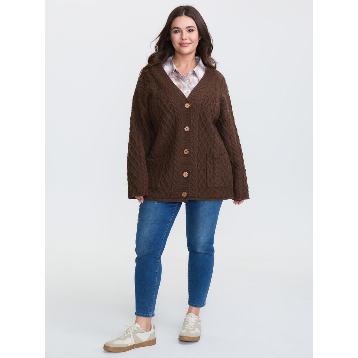 Plus Size Cableknit Textured Button Pocket Knit Cardigan Browncoffeecolor Women Leisure Loose Long Sleeve Casual Cardigans BloomChic 18-20/2X Product Image